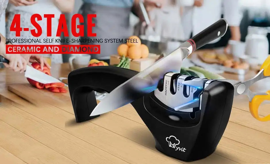 4-Stage Knife and Scissors Sharpener – Non-Slip Base, Ergonomic Handle, Diamond & Ceramic Slots