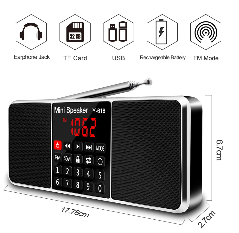 Portable FM Radio with MP3 Player – USB/TF Card Support, Dual Speakers, LED Display, Rechargeable Battery