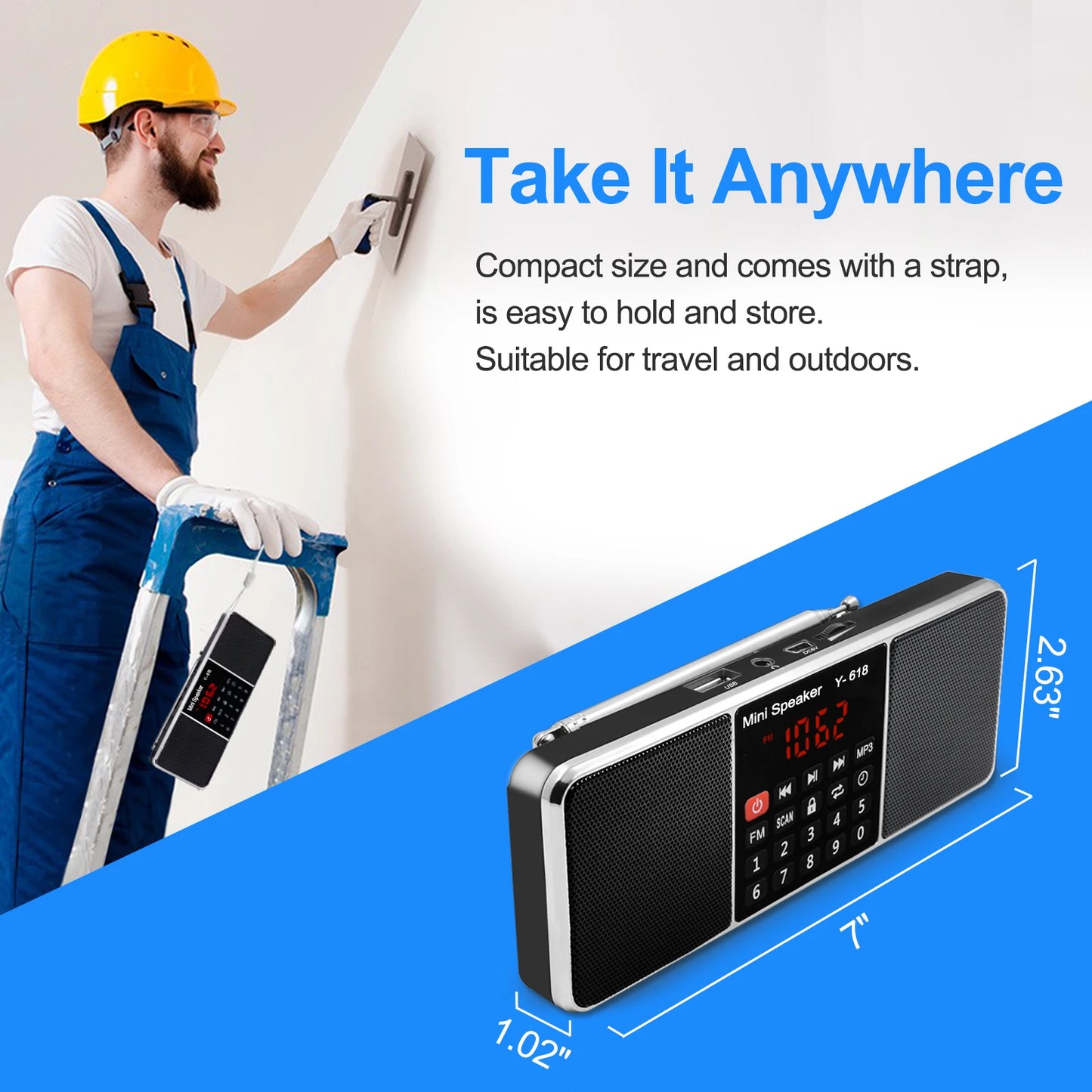 Portable FM Radio with MP3 Player – USB/TF Card Support, Dual Speakers, LED Display, Rechargeable Battery