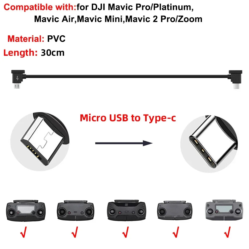 Drone Remote Control Data Cable – Type-C, Micro USB, Lightning – 15cm & 30cm for Mobile/Tablet Connection