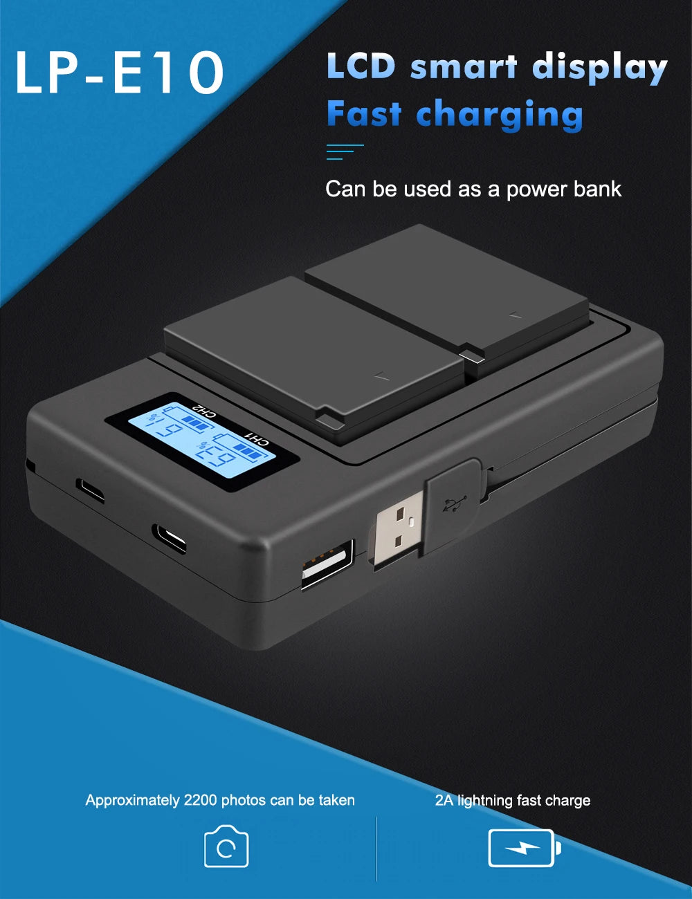 Rechargeable Camera Battery – LP-E10 Type, 7.4V 2200mAh, Compatible with Canon EOS DSLR Models