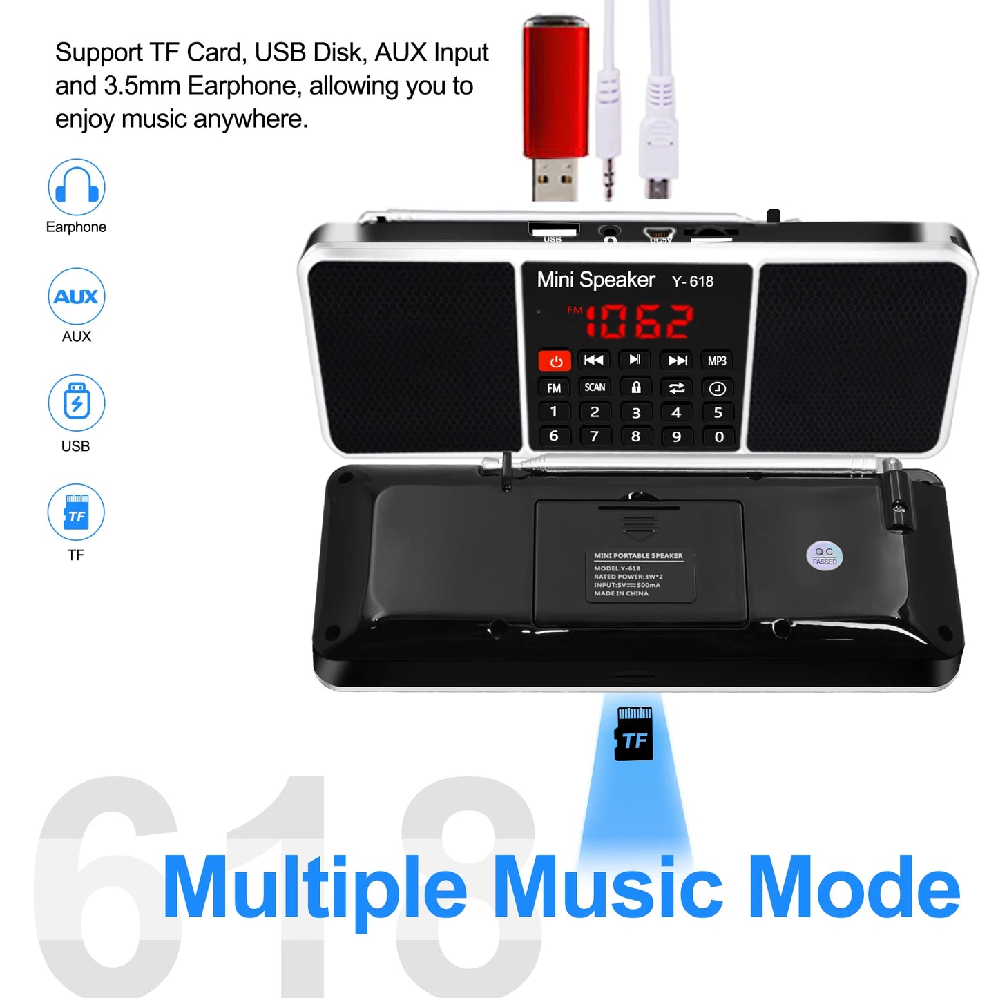 Portable FM Radio with MP3 Player – USB/TF Card Support, Dual Speakers, LED Display, Rechargeable Battery