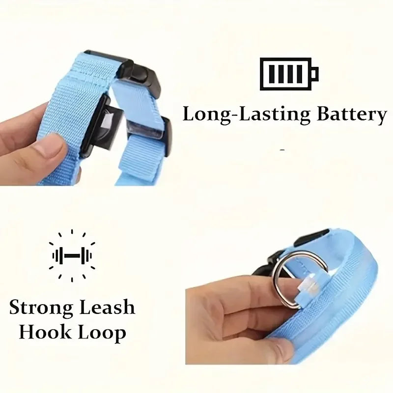 LED Light-Up Dog Collar – Adjustable Nylon Safety Collar with Battery – XS to XL Sizes