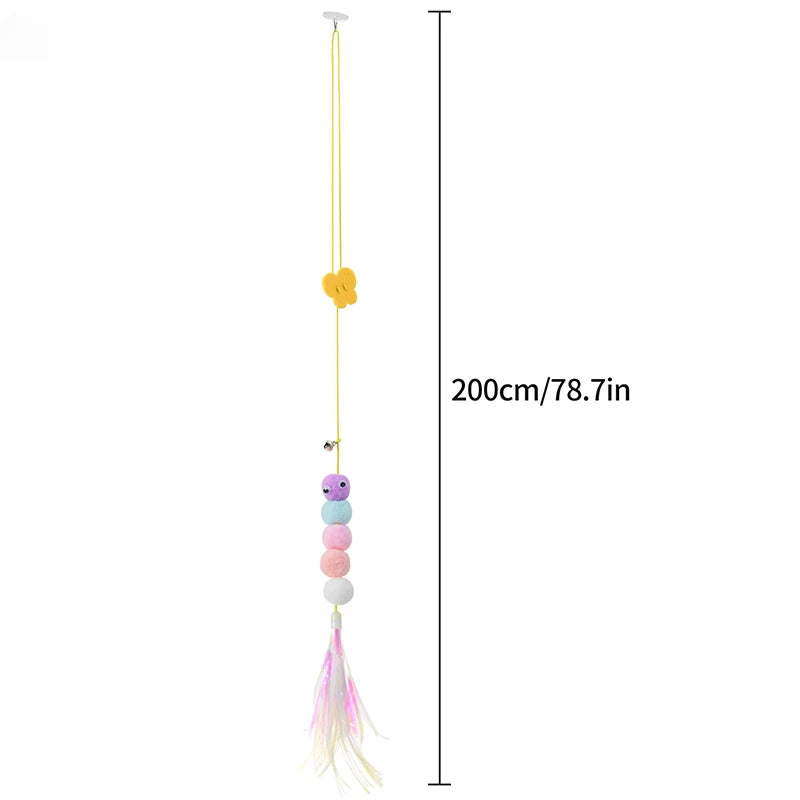 Interactive Hanging Cat Toy – Feather & Bell Teaser on Elastic Rope – 1.8m Adjustable Length