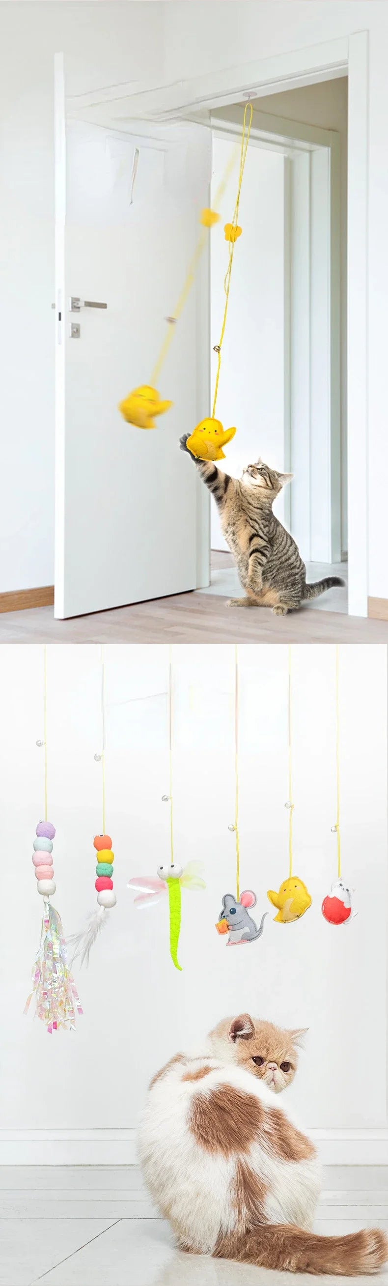 Interactive Hanging Cat Toy – Feather & Bell Teaser on Elastic Rope – 1.8m Adjustable Length