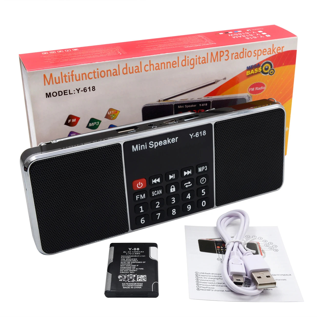 Portable FM Radio with MP3 Player – USB/TF Card Support, Dual Speakers, LED Display, Rechargeable Battery