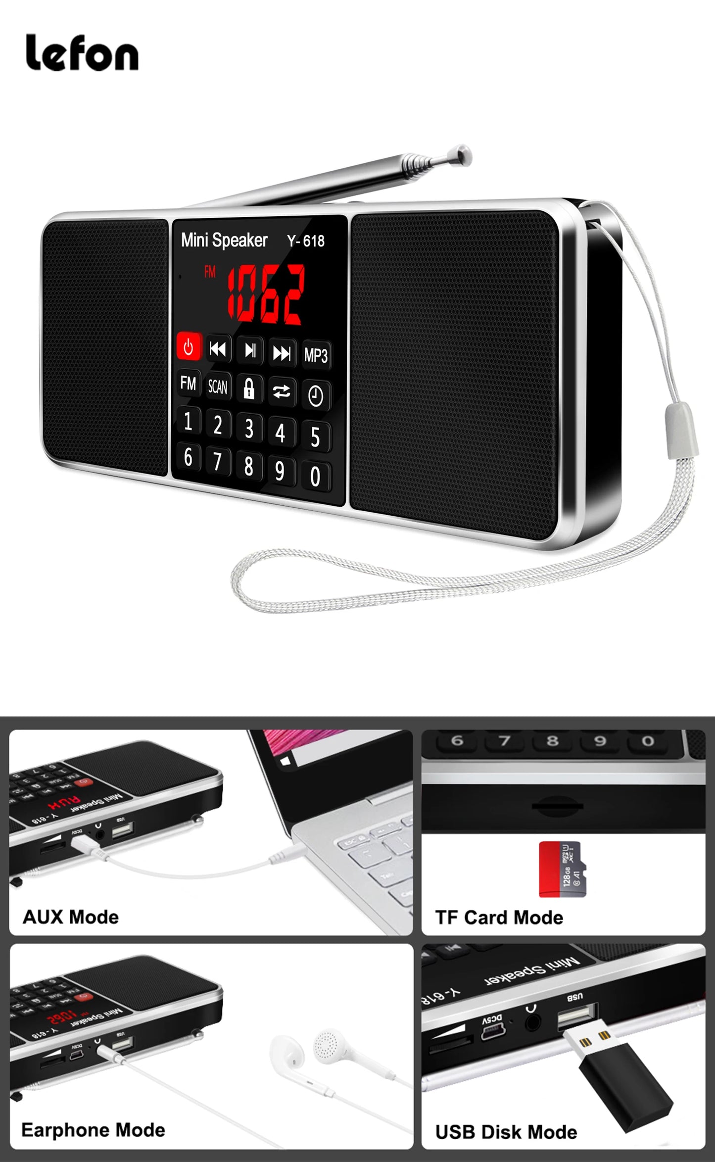 Portable FM Radio with MP3 Player – USB/TF Card Support, Dual Speakers, LED Display, Rechargeable Battery