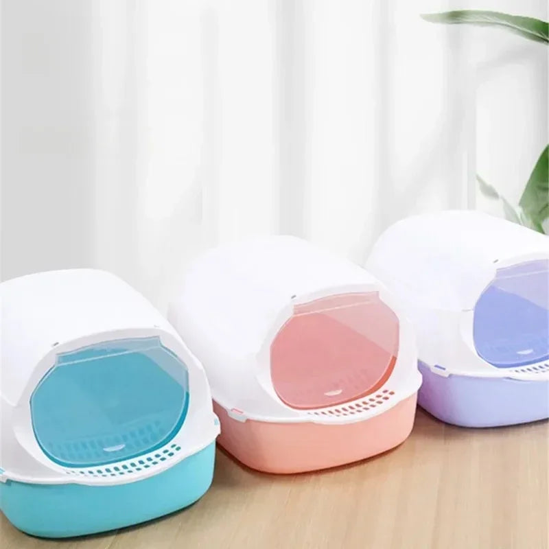 Semi-Enclosed Cat Litter Box – Splashproof, Easy-Clean Cat Toilet Tray – Multiple Sizes and Colors