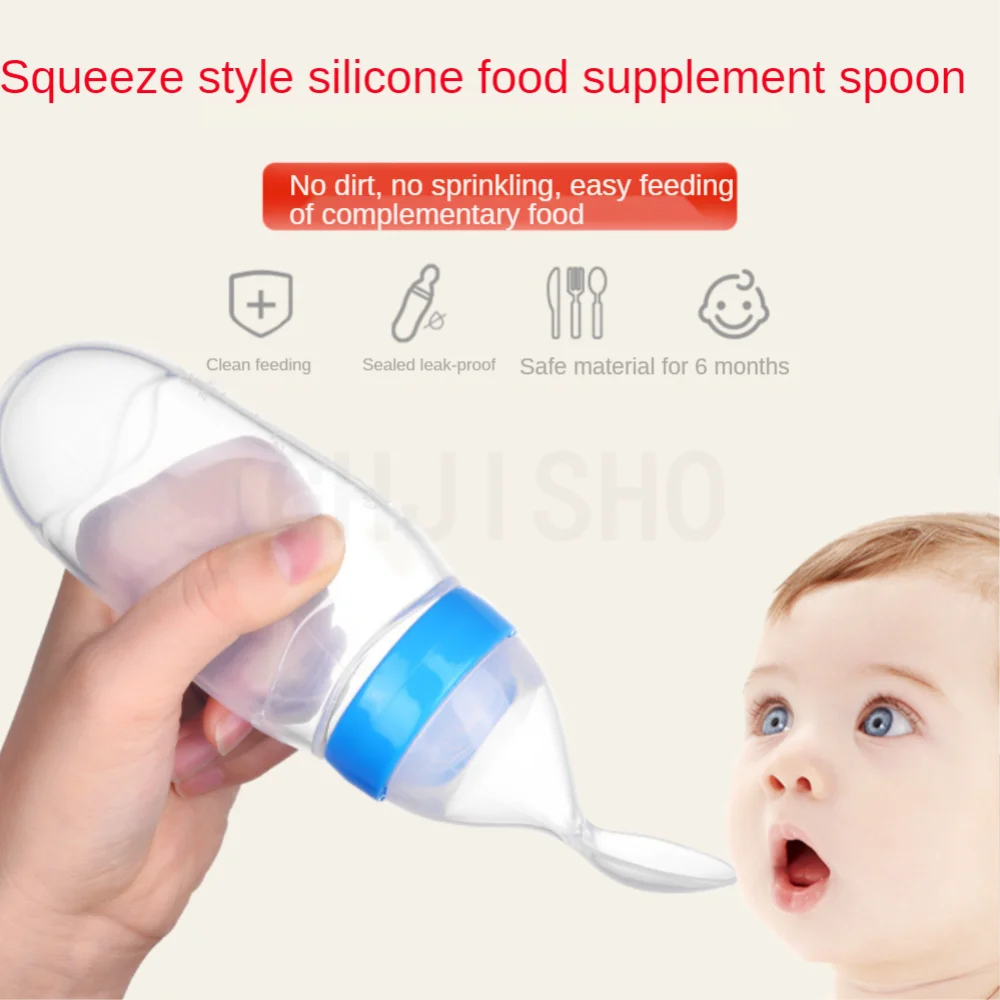 Baby Rice Cereal Spoon with Suction Cup Base – Silicone and ABS – 90 ml Capacity – 1 to 2 Yearsing Bottle Toddler Silicone Squeeze Feeding Spoon Milk Bottle Training Feeder Food Supplement Tools