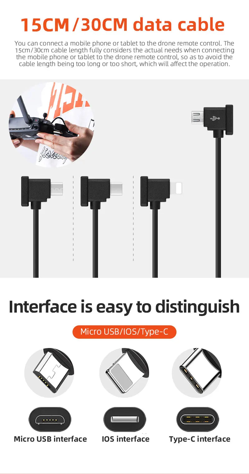 Drone Remote Control Data Cable – Type-C, Micro USB, Lightning – 15cm & 30cm for Mobile/Tablet Connection