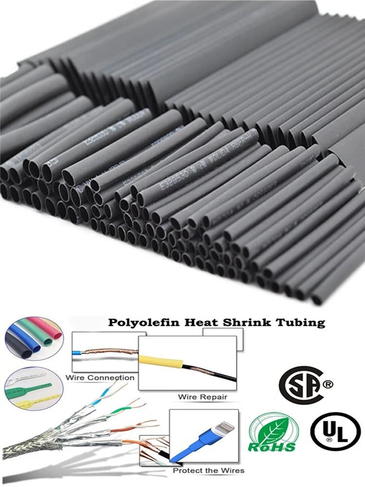 127-Piece Heat Shrink Tubing Kit – Black, 7 Sizes, Flame Retardant, 2:1 Shrink Ratio