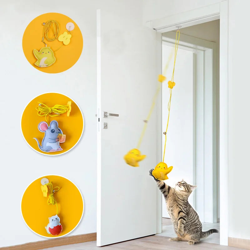 Interactive Hanging Cat Toy – Feather & Bell Teaser on Elastic Rope – 1.8m Adjustable Length