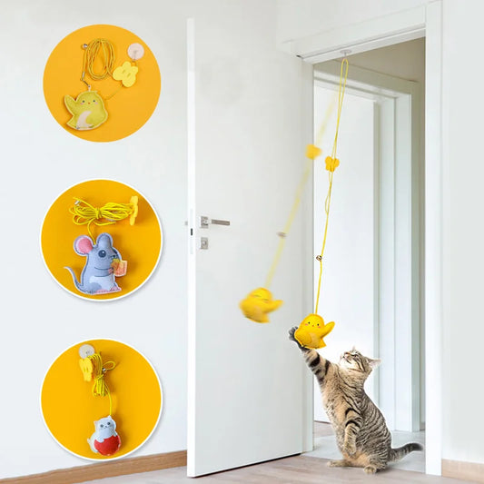 Interactive Hanging Cat Toy – Feather & Bell Teaser on Elastic Rope – 1.8m Adjustable Length