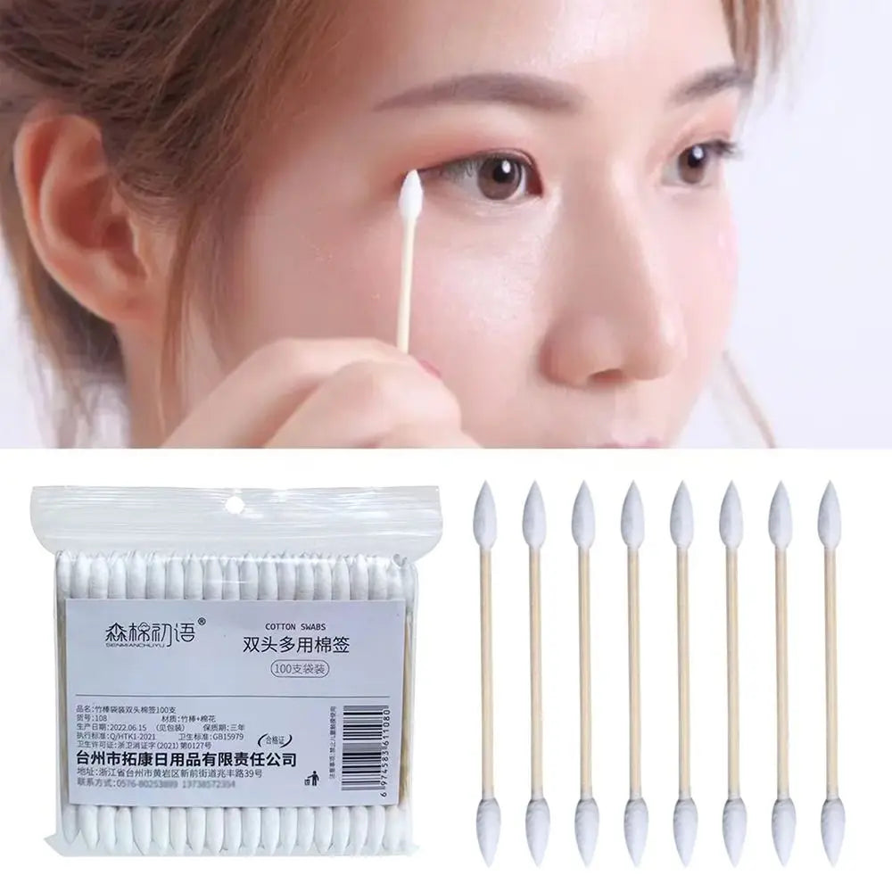 100 Pcs Double-Pointed Natural Cotton Buds with Bamboo Sticks – Precise Cleaning and Beauty Tool