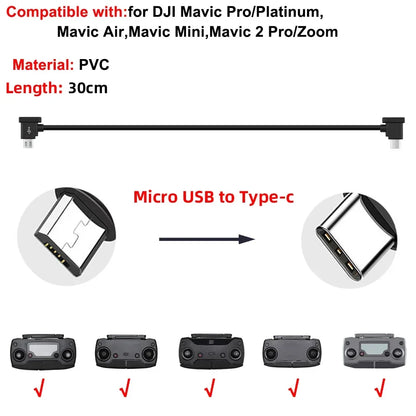 Drone Remote Control Data Cable – Type-C, Micro USB, Lightning – 15cm & 30cm for Mobile/Tablet Connection
