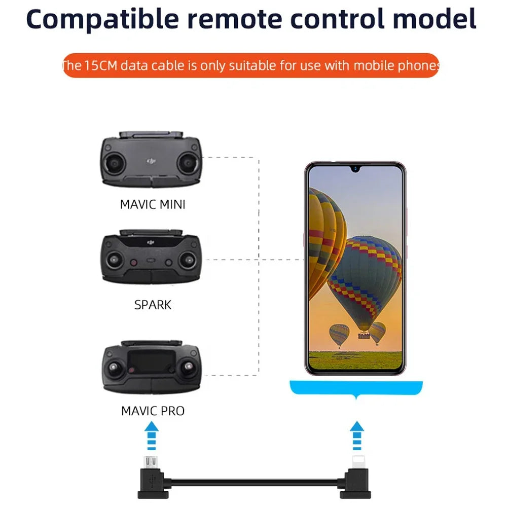 Drone Remote Control Data Cable – Type-C, Micro USB, Lightning – 15cm & 30cm for Mobile/Tablet Connection