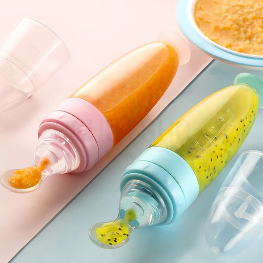 Baby Rice Cereal Spoon with Suction Cup Base – Silicone and ABS – 90 ml Capacity – 1 to 2 Yearsing Bottle Toddler Silicone Squeeze Feeding Spoon Milk Bottle Training Feeder Food Supplement Tools