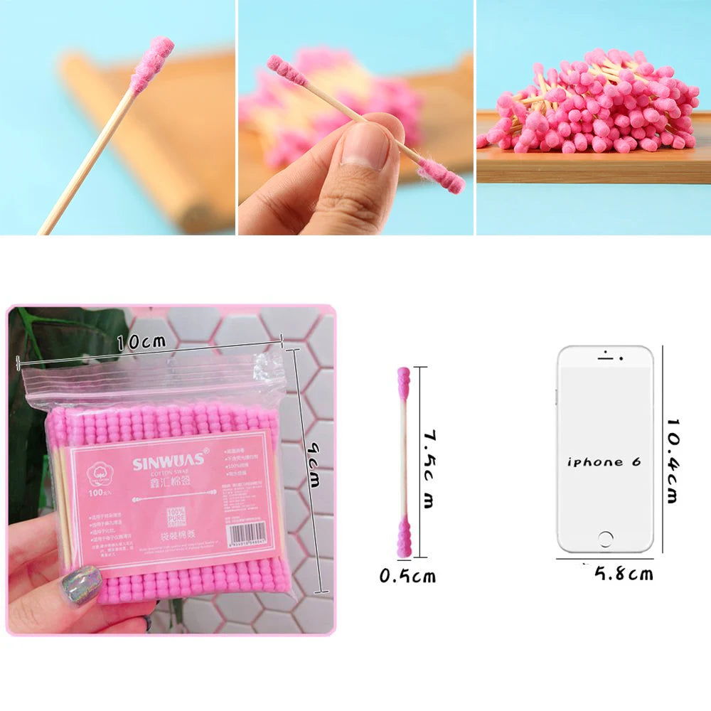 100pcs Pink Cotton Swabs – Micro Disposable Soft Cotton Cleaning Sticks, 7.5cm / 10cm