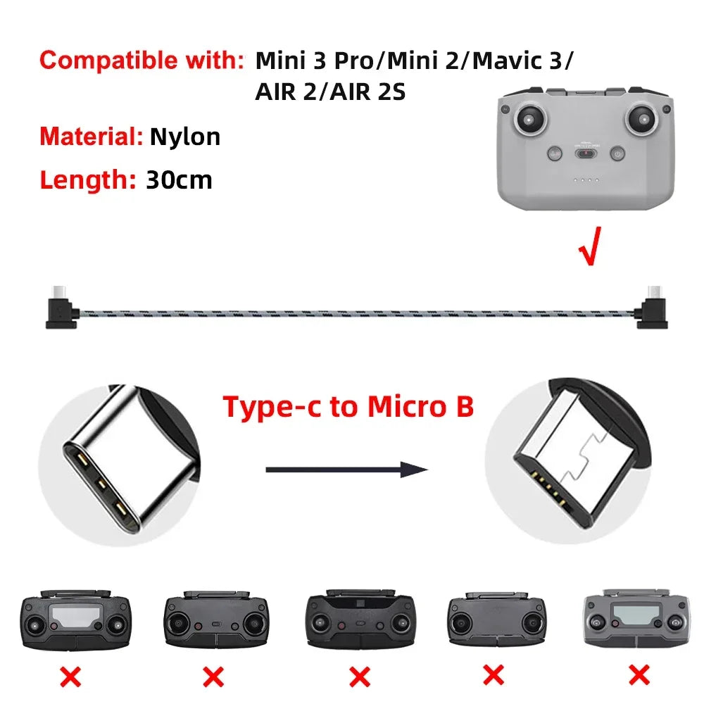 Drone Remote Control Data Cable – Type-C, Micro USB, Lightning – 15cm & 30cm for Mobile/Tablet Connection