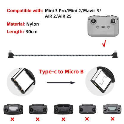 Drone Remote Control Data Cable – Type-C, Micro USB, Lightning – 15cm & 30cm for Mobile/Tablet Connection