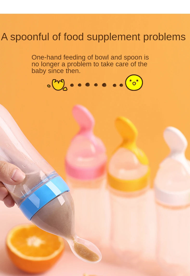 Baby Rice Cereal Spoon with Suction Cup Base – Silicone and ABS – 90 ml Capacity – 1 to 2 Yearsing Bottle Toddler Silicone Squeeze Feeding Spoon Milk Bottle Training Feeder Food Supplement Tools