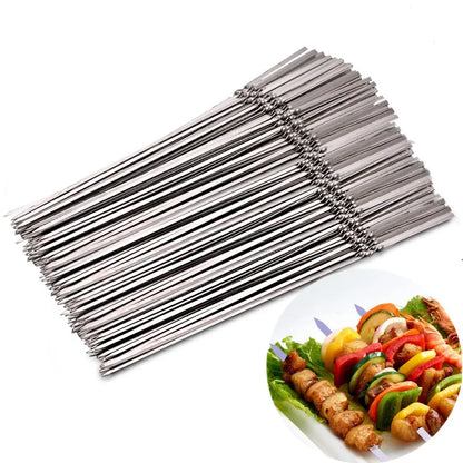 15-Pack Stainless Steel BBQ Skewers – 35cm Flat Reusable Grill Sticks for Meat, Vegetables, Camping