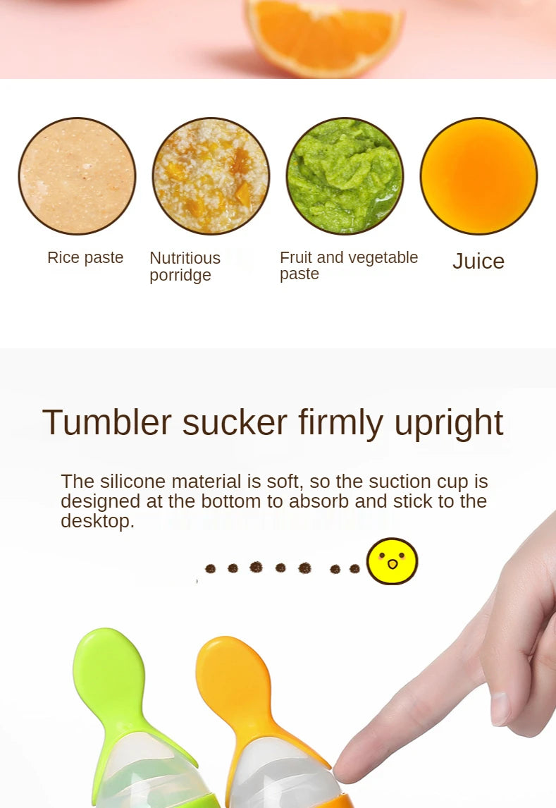 Baby Rice Cereal Spoon with Suction Cup Base – Silicone and ABS – 90 ml Capacity – 1 to 2 Yearsing Bottle Toddler Silicone Squeeze Feeding Spoon Milk Bottle Training Feeder Food Supplement Tools