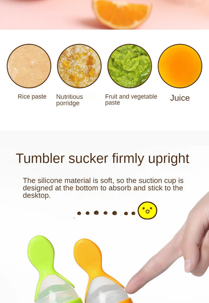 Baby Rice Cereal Spoon with Suction Cup Base – Silicone and ABS – 90 ml Capacity – 1 to 2 Yearsing Bottle Toddler Silicone Squeeze Feeding Spoon Milk Bottle Training Feeder Food Supplement Tools