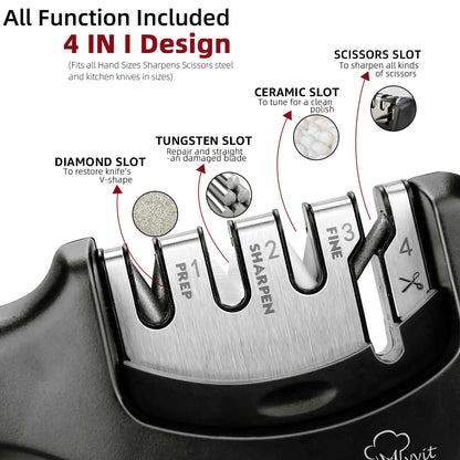4-Stage Knife and Scissors Sharpener – Non-Slip Base, Ergonomic Handle, Diamond & Ceramic Slots