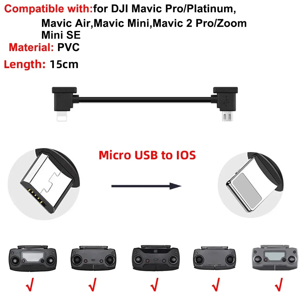 Drone Remote Control Data Cable – Type-C, Micro USB, Lightning – 15cm & 30cm for Mobile/Tablet Connection