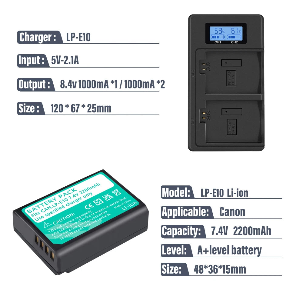 Rechargeable Camera Battery – LP-E10 Type, 7.4V 2200mAh, Compatible with Canon EOS DSLR Models