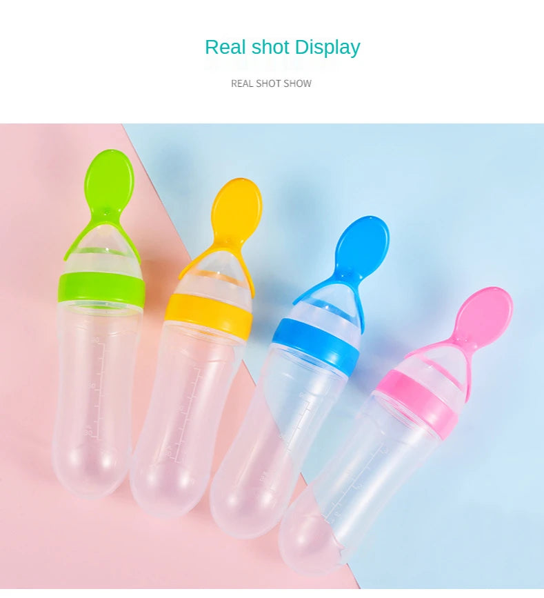 Baby Rice Cereal Spoon with Suction Cup Base – Silicone and ABS – 90 ml Capacity – 1 to 2 Yearsing Bottle Toddler Silicone Squeeze Feeding Spoon Milk Bottle Training Feeder Food Supplement Tools