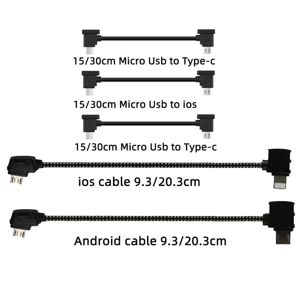 Drone Remote Control Data Cable – Type-C, Micro USB, Lightning – 15cm & 30cm for Mobile/Tablet Connection