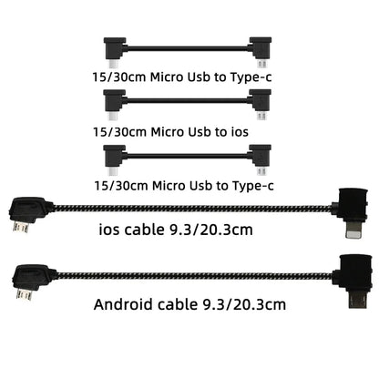 Drone Remote Control Data Cable – Type-C, Micro USB, Lightning – 15cm & 30cm for Mobile/Tablet Connection