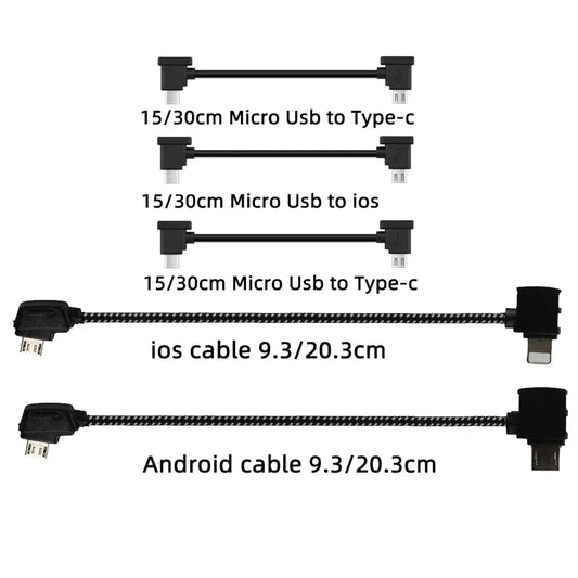 Drone Remote Control Data Cable – Type-C, Micro USB, Lightning – 15cm & 30cm for Mobile/Tablet Connection