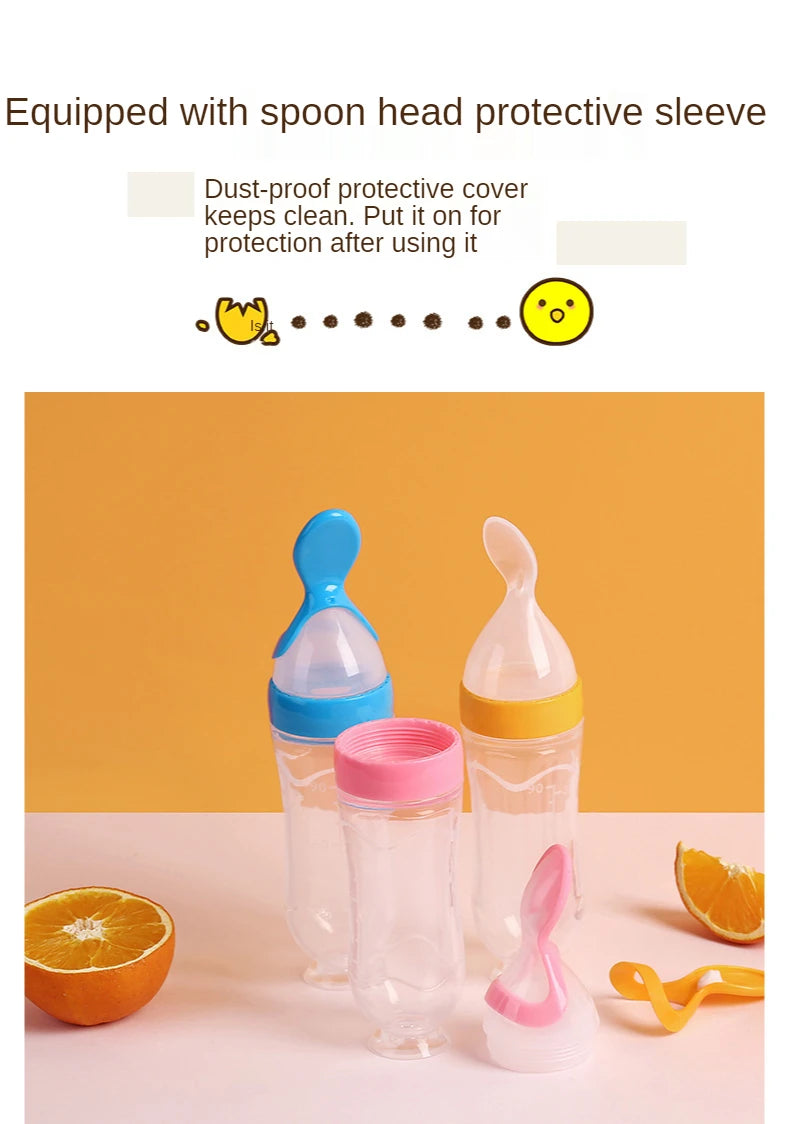 Baby Rice Cereal Spoon with Suction Cup Base – Silicone and ABS – 90 ml Capacity – 1 to 2 Yearsing Bottle Toddler Silicone Squeeze Feeding Spoon Milk Bottle Training Feeder Food Supplement Tools