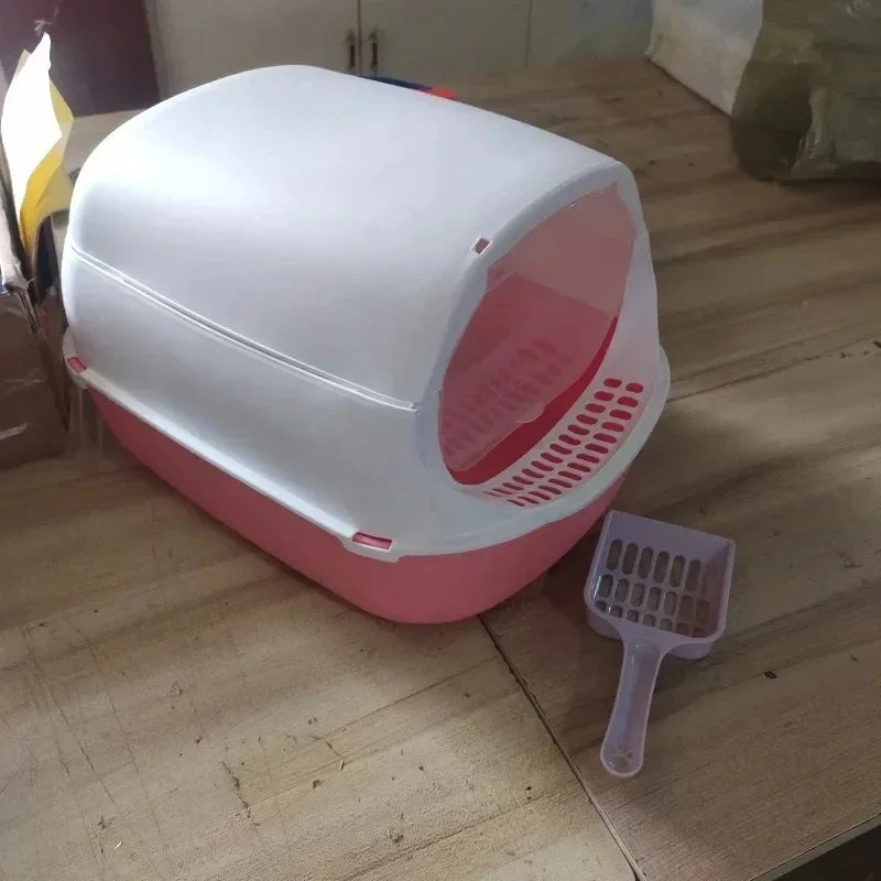 Semi-Enclosed Cat Litter Box – Splashproof, Easy-Clean Cat Toilet Tray – Multiple Sizes and Colors