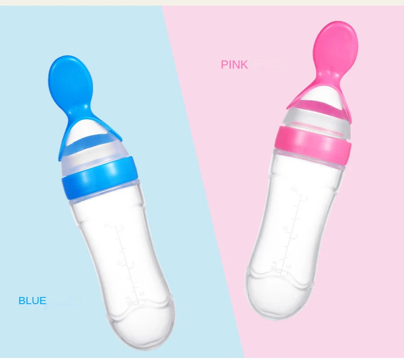 Baby Rice Cereal Spoon with Suction Cup Base – Silicone and ABS – 90 ml Capacity – 1 to 2 Yearsing Bottle Toddler Silicone Squeeze Feeding Spoon Milk Bottle Training Feeder Food Supplement Tools