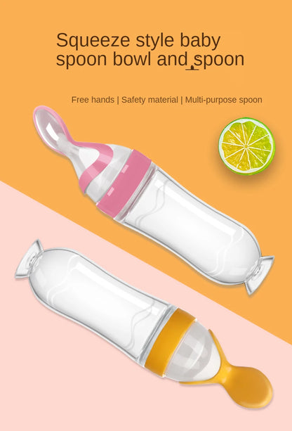 Baby Rice Cereal Spoon with Suction Cup Base – Silicone and ABS – 90 ml Capacity – 1 to 2 Yearsing Bottle Toddler Silicone Squeeze Feeding Spoon Milk Bottle Training Feeder Food Supplement Tools