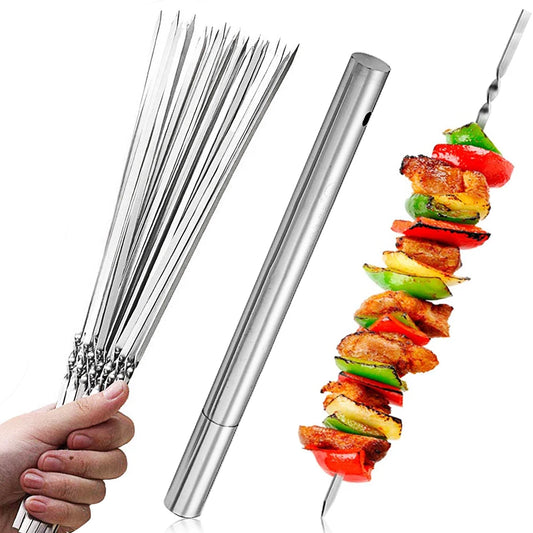15-Pack Stainless Steel BBQ Skewers – 35cm Flat Reusable Grill Sticks for Meat, Vegetables, Camping