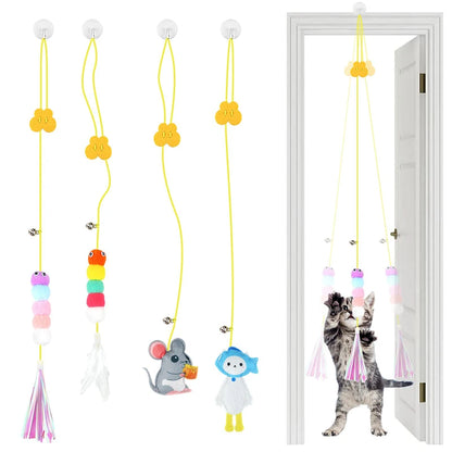 Interactive Hanging Cat Toy – Feather & Bell Teaser on Elastic Rope – 1.8m Adjustable Length