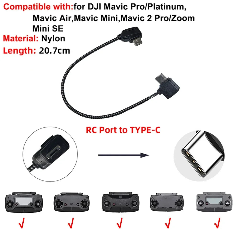 Drone Remote Control Data Cable – Type-C, Micro USB, Lightning – 15cm & 30cm for Mobile/Tablet Connection