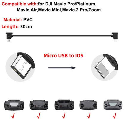Drone Remote Control Data Cable – Type-C, Micro USB, Lightning – 15cm & 30cm for Mobile/Tablet Connection