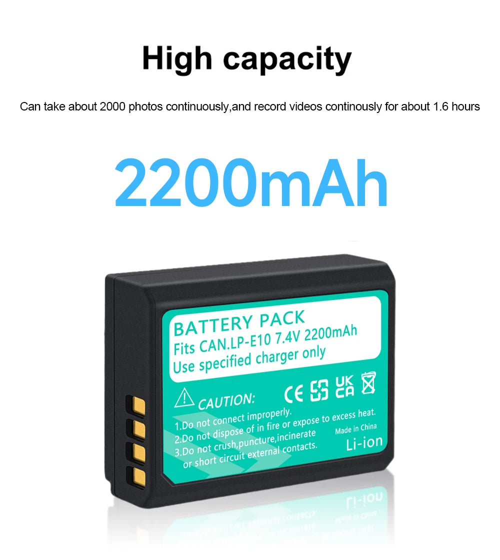 Rechargeable Camera Battery – LP-E10 Type, 7.4V 2200mAh, Compatible with Canon EOS DSLR Models