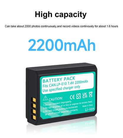 Rechargeable Camera Battery – LP-E10 Type, 7.4V 2200mAh, Compatible with Canon EOS DSLR Models