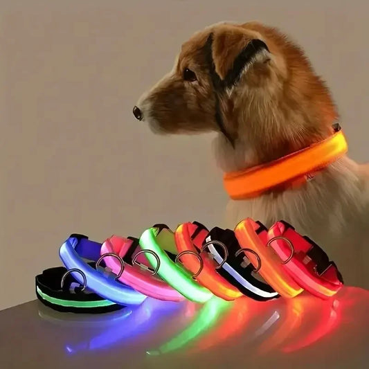 LED Light-Up Dog Collar – Adjustable Nylon Safety Collar with Battery – XS to XL Sizes