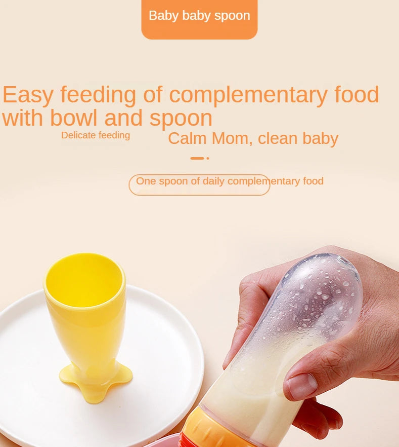 Baby Rice Cereal Spoon with Suction Cup Base – Silicone and ABS – 90 ml Capacity – 1 to 2 Yearsing Bottle Toddler Silicone Squeeze Feeding Spoon Milk Bottle Training Feeder Food Supplement Tools