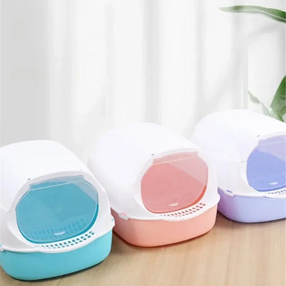Semi-Enclosed Cat Litter Box – Splashproof, Easy-Clean Cat Toilet Tray – Multiple Sizes and Colors