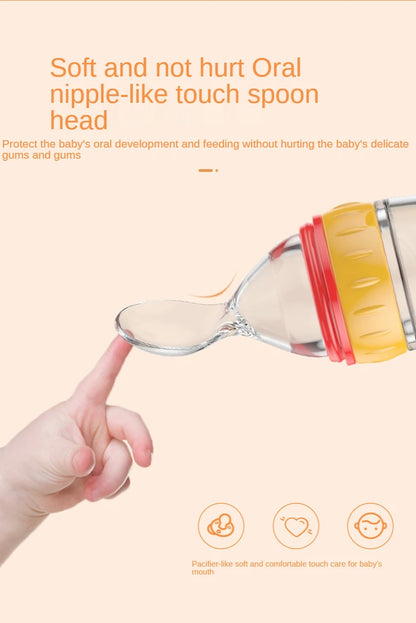Baby Rice Cereal Spoon with Suction Cup Base – Silicone and ABS – 90 ml Capacity – 1 to 2 Yearsing Bottle Toddler Silicone Squeeze Feeding Spoon Milk Bottle Training Feeder Food Supplement Tools