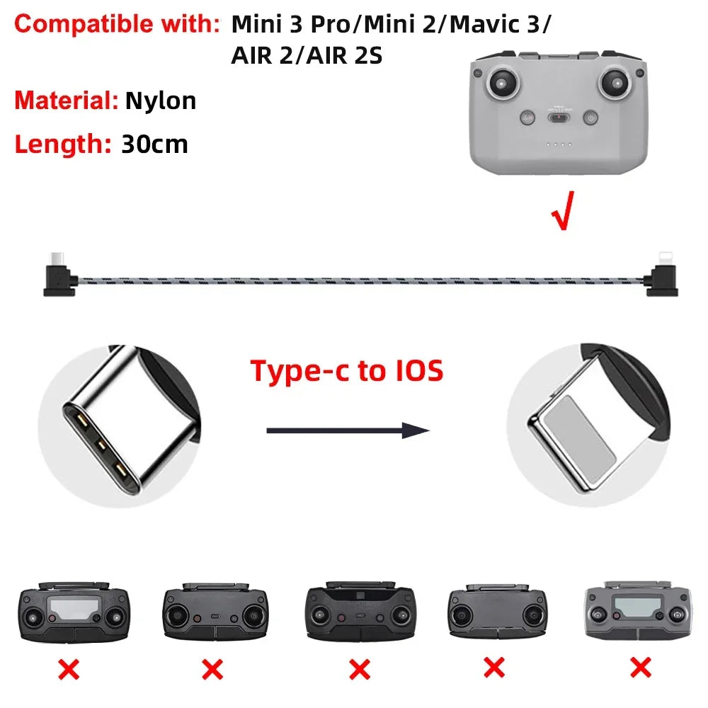 Drone Remote Control Data Cable – Type-C, Micro USB, Lightning – 15cm & 30cm for Mobile/Tablet Connection